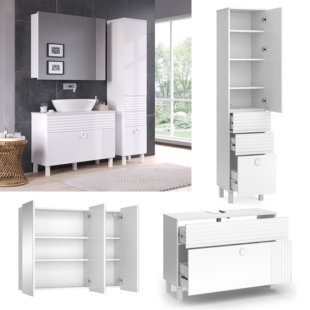 Vicco Badmöbel-Set Sola Weiß matt, moderne Serie, Badezimmer, dekorative Front Waschtischunterschrank Spiegelschrank Hochschrank