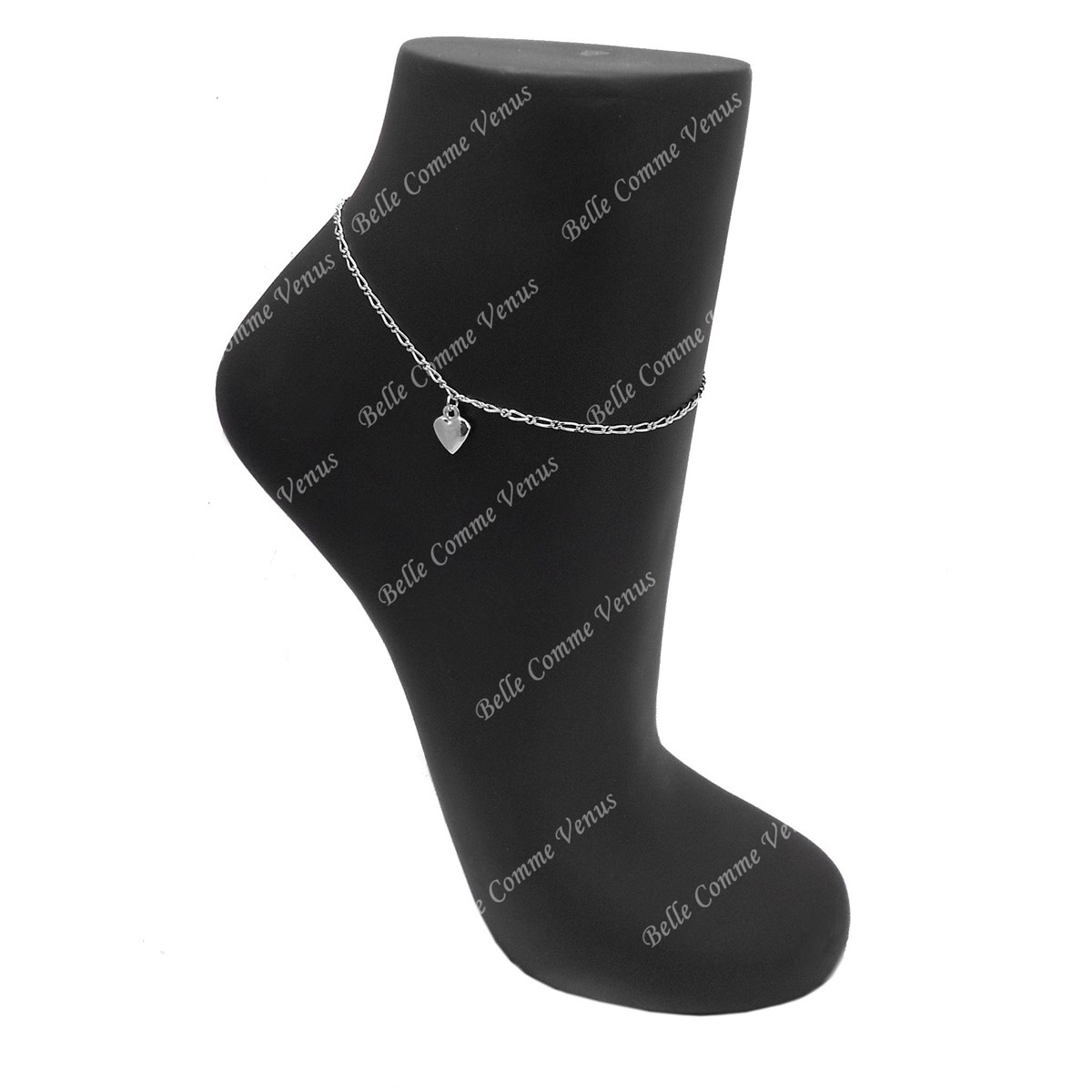 Chaîne de cheville coeur pendant maille figaro Argent 925 Rhodié