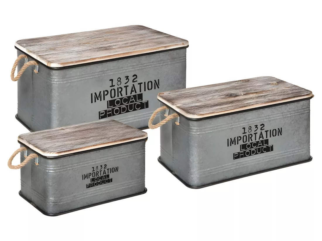 Set de 3 Malles en Métal zinc et Bois déco