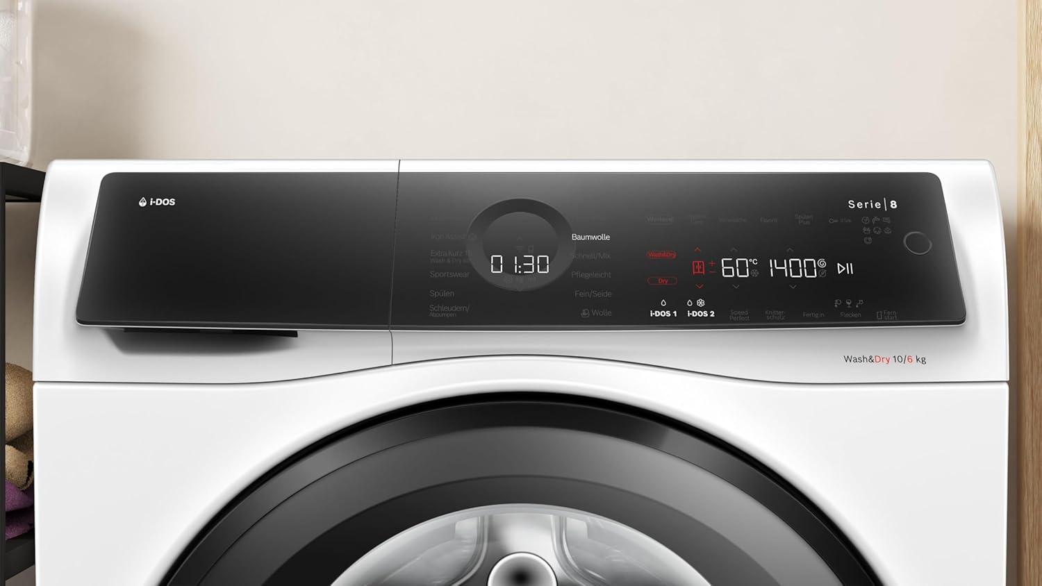 Bosch WNC254A40, Serie 8, Smarter Waschtrockner, 10.5 kg Waschen & 6 kg Trocknen, 1400 UpM, i-Dos intelligente Waschmittel-Dosierung, entfernt 16 Fleckenarten, IronAssist mit Dampffunktion, AutoDry