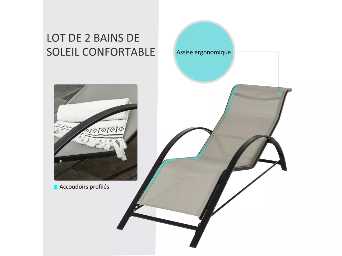 Lot de 2 bains de soleil design contemporain table basse plateau verre trempé métal époxy textilène grège