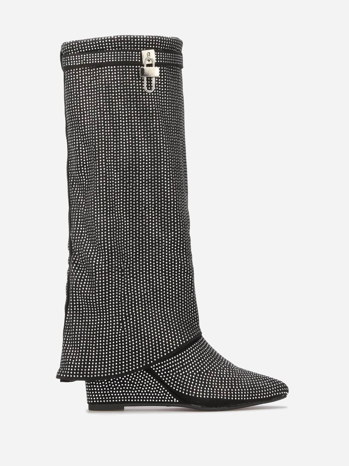 Bottes compensées à rabat et strass- noir_argente