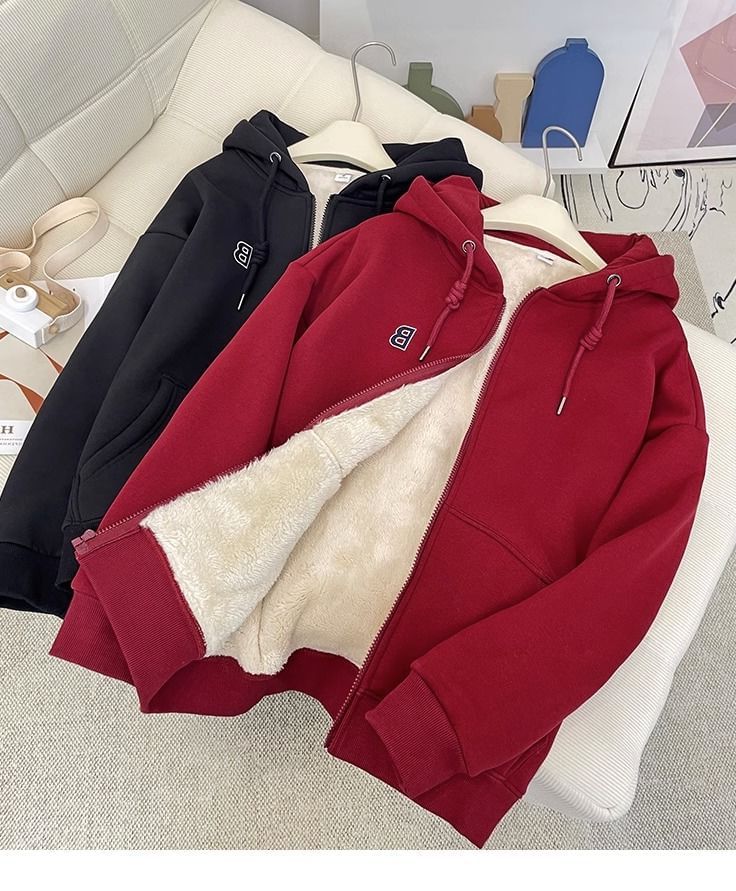 Cafamo - Fleecegevoerde hoodie met rits en tekst