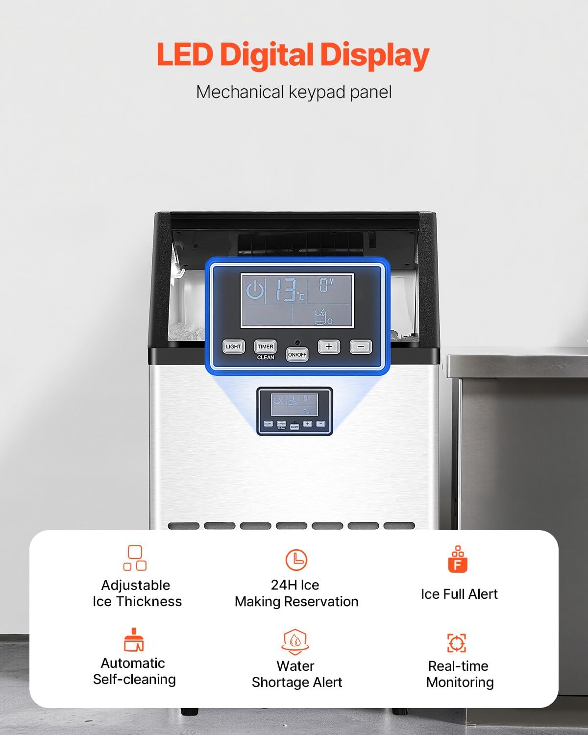 VEVOR kommerzieller Eisbereiter, 150 lbs/24 h, 45 Eiswürfel in 15 Minuten, freistehende Eismaschine mit 33 lbs großer Speicherkapazität für Bar, Büro, Restaurant