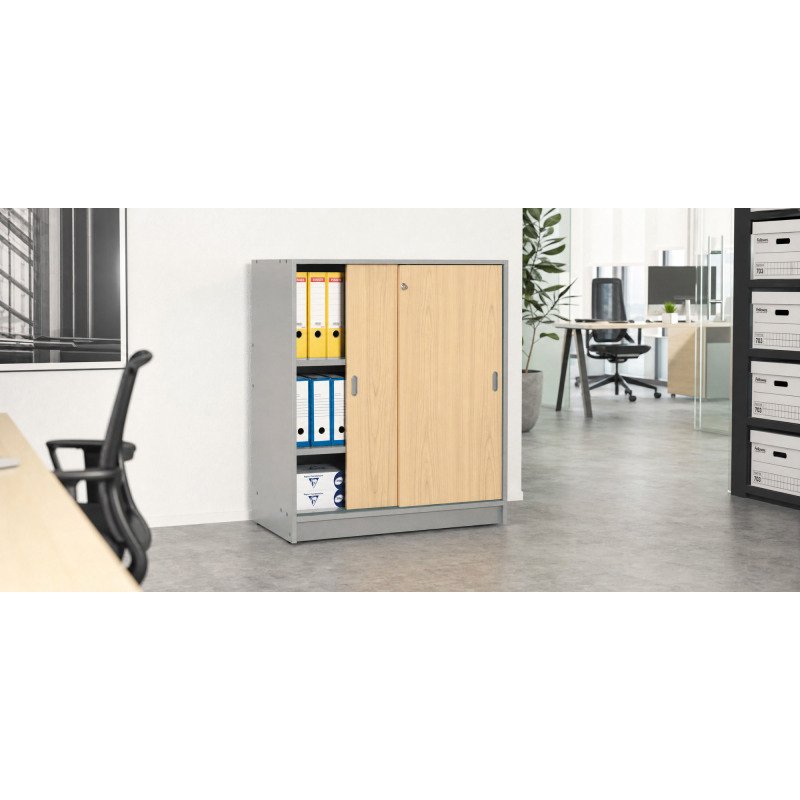 Armoire Harmonie H 100 x L 90 x P 44 cm corps aluminium portes coulissantes bois