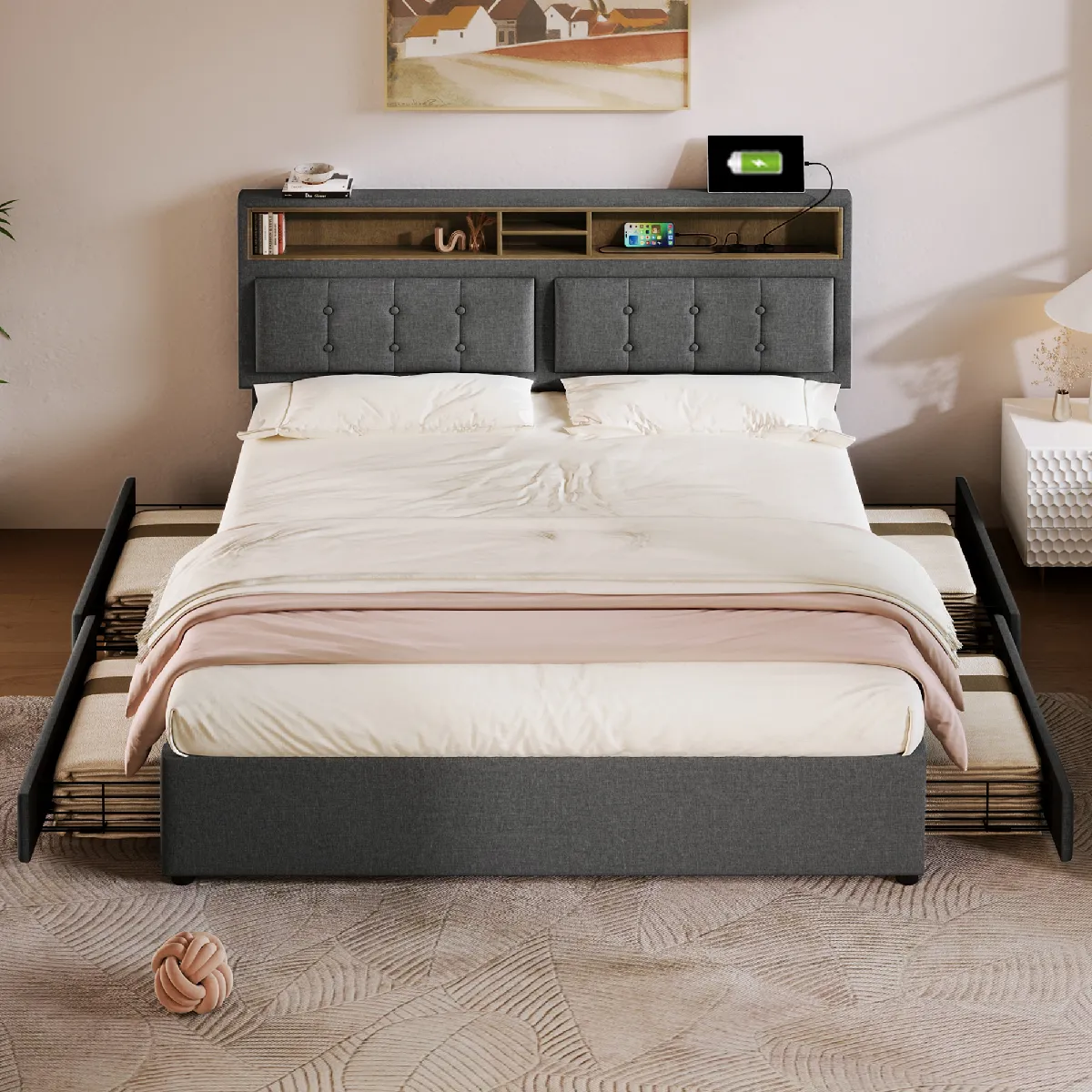 KOMHTOM Lit double avec tiroirs et USB-C - Gris 160x200 cm