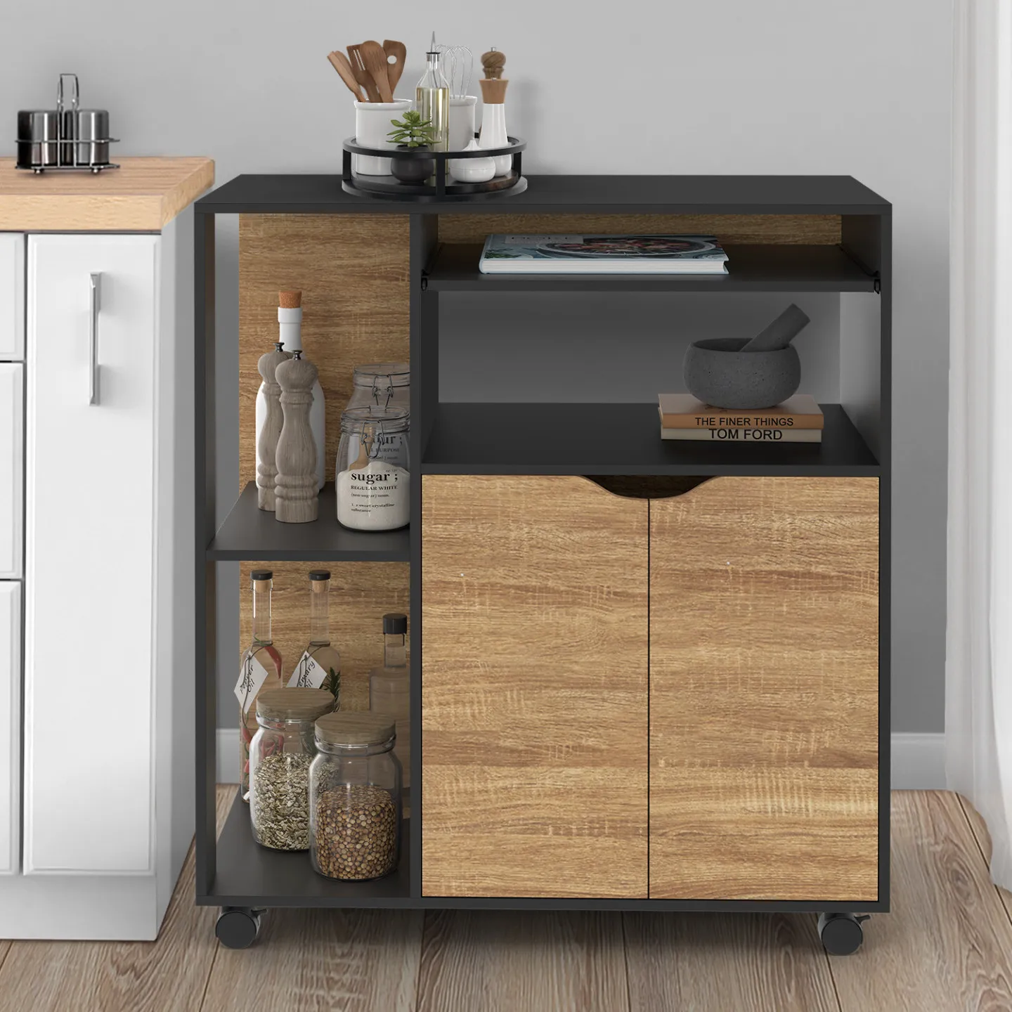 Desserte de cuisine COSI bois noir et portes façon hêtre L.76 CM