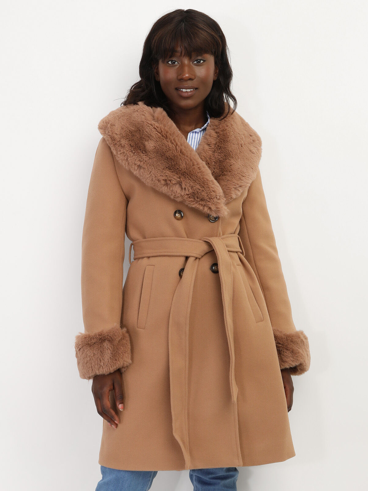 Manteau bi-matière à col et manches fourrés- Camel