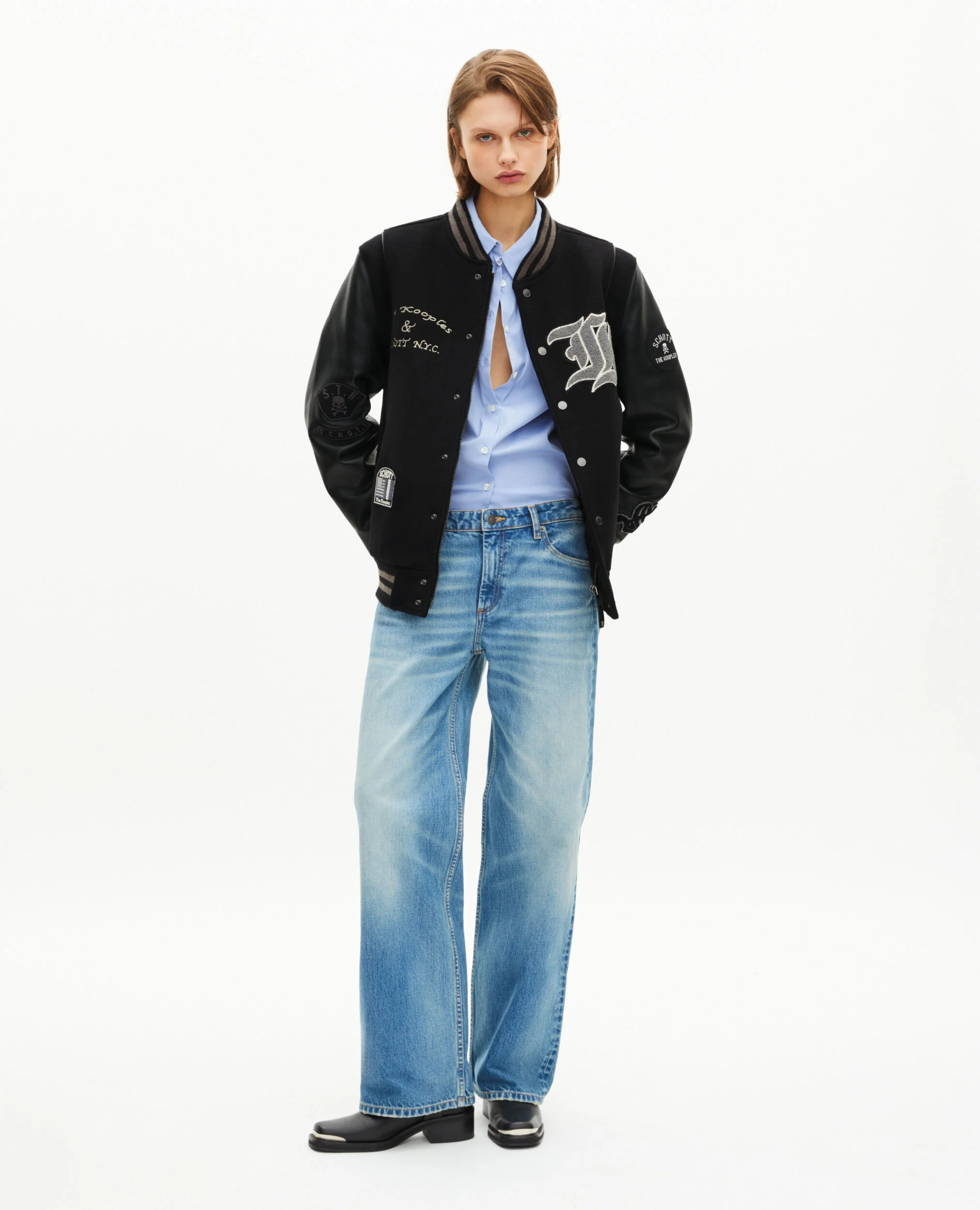 Blouson varsity en cuir noir The Kooples x SCHOTT NYC