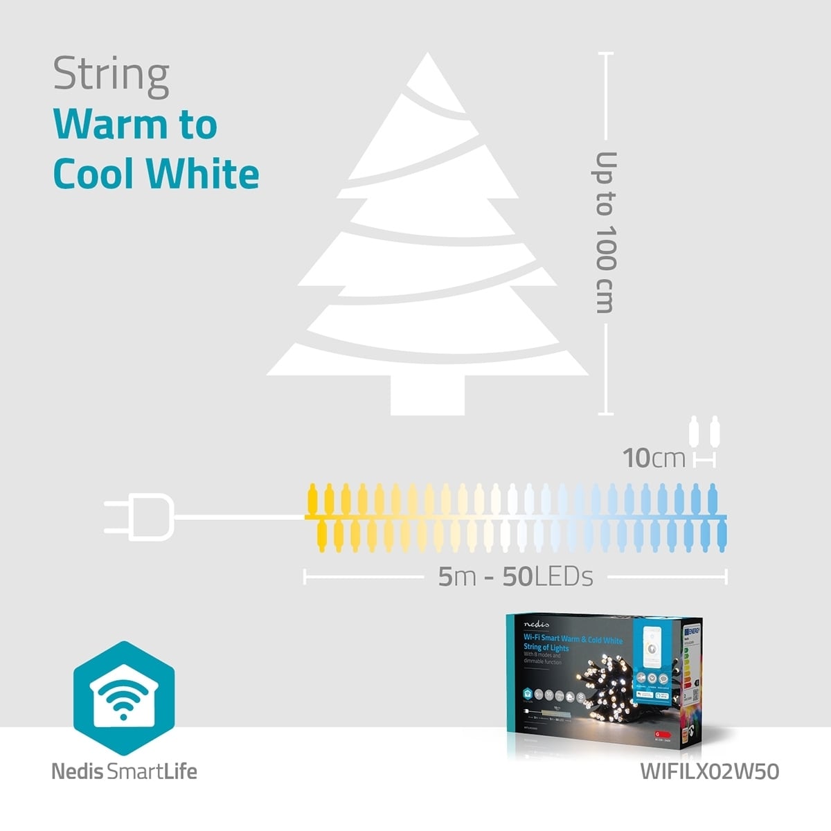 Nedis SmartLife Julelys | Streng | Wi-Fi | Varm til avkjølt hvitt | 50 LED s | 5.00 m | Android™ / IOS