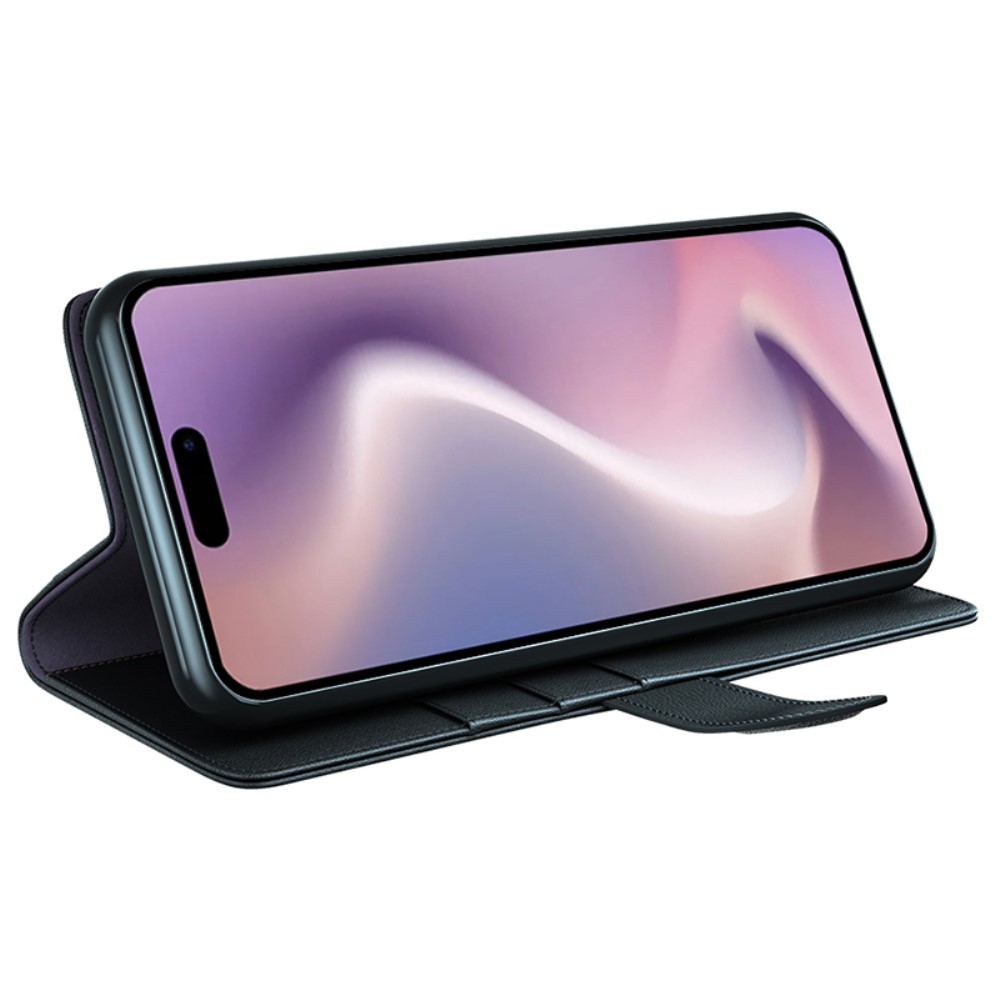 iPhone 16 Pro Echtleder Tasche Flip Cover mit Kartenfächer - Schwarz