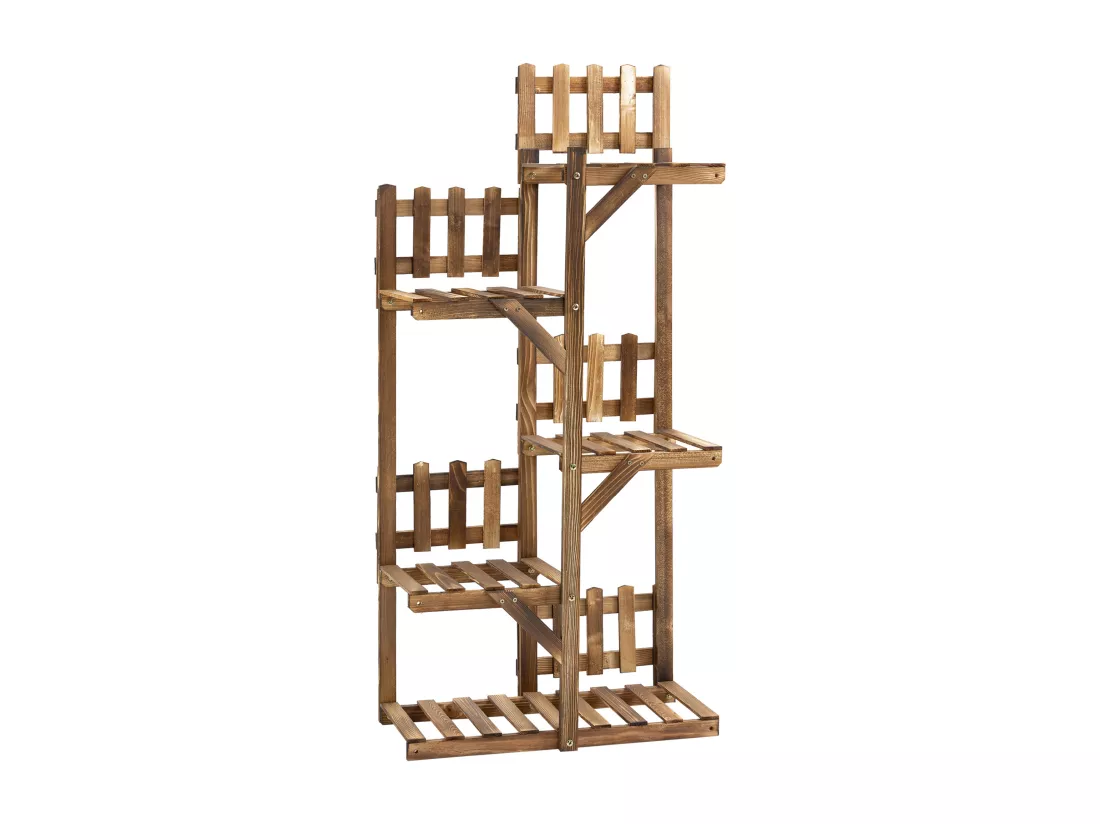 Étagère à fleurs en bois - porte plante bois 5 tablettes ornement petites barrières - dim. 60L x 30l x 130H cm - bois de sapin traité carbonisation