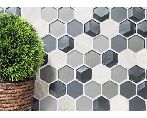 Glasmozaïek Kristal met natuursteen HXN 22 grijs 26x30 cm