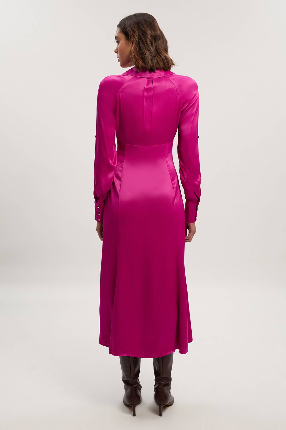 KarenMillen Robe Midi Tissée en Satin de Viscose à Col V et Manches Longues