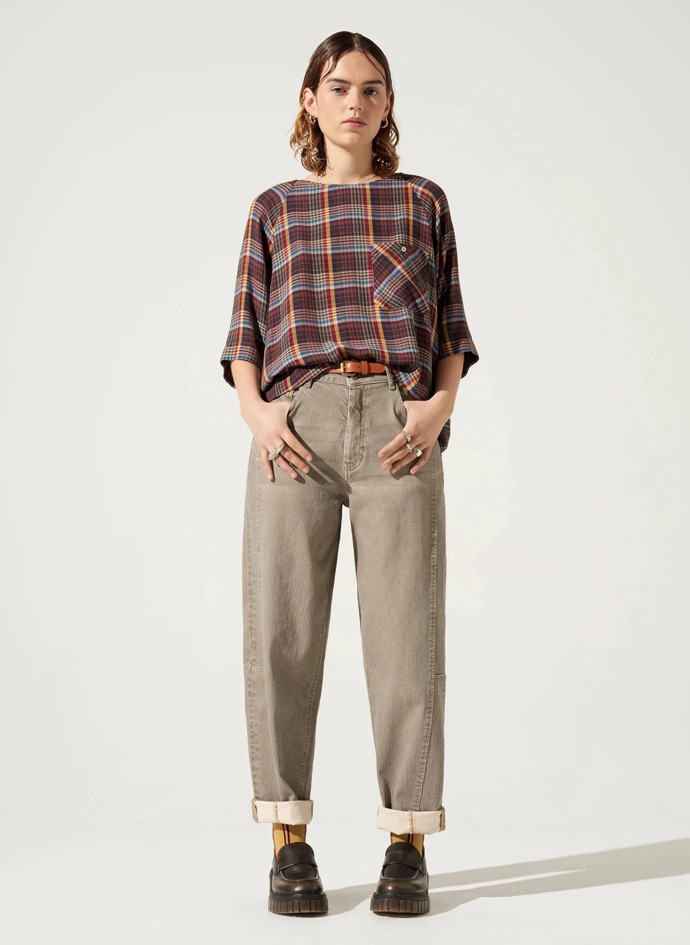 ANCA - Blouse col rond à carreaux | Bleu