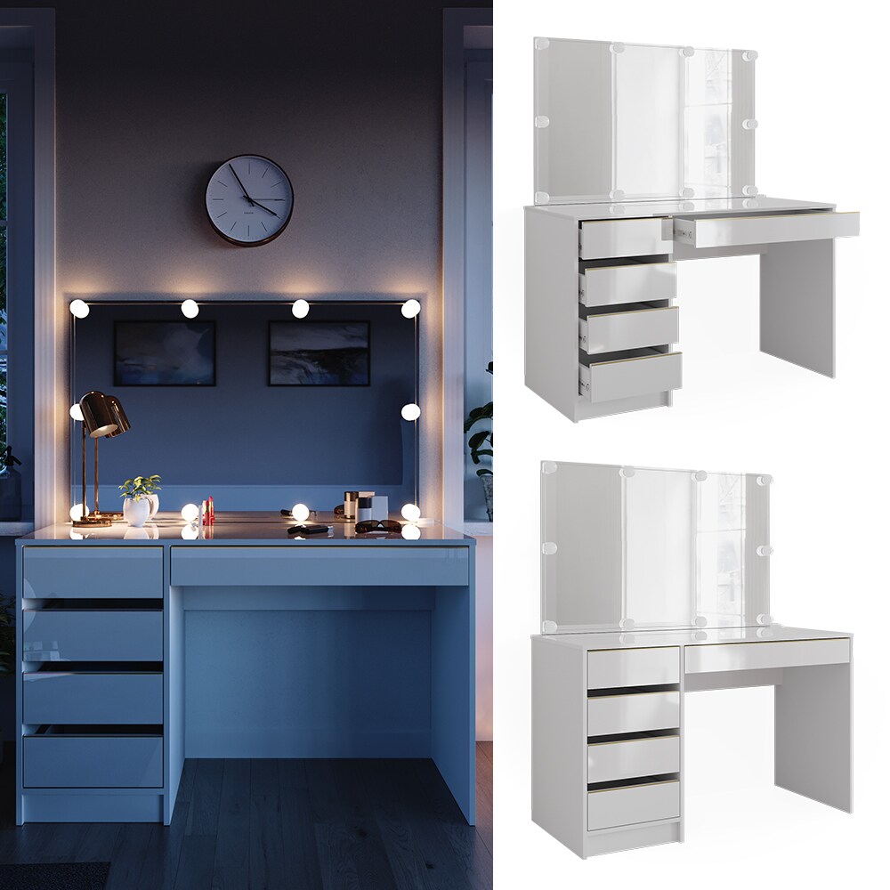 Vicco Schminktisch Sherry Weiß Hochglanz Gold 120 x 75 cm 5 Schubladen Spiegel LED