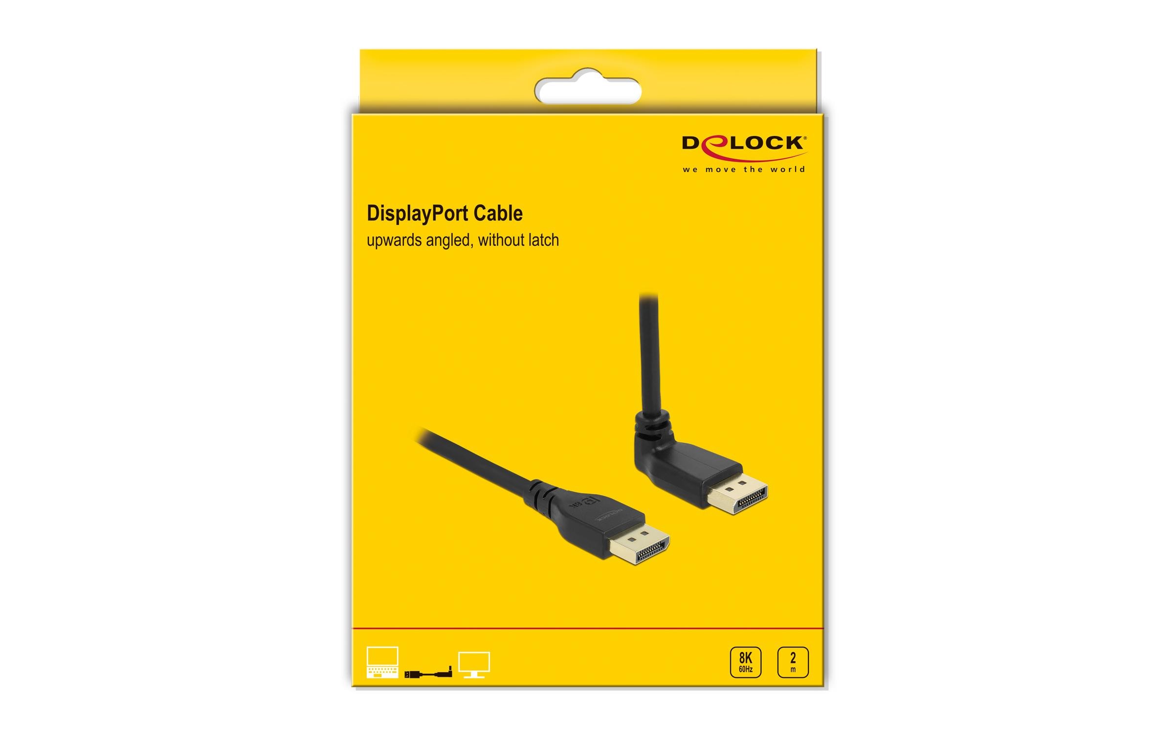 Kabel Oben gewinkelt DisplayPort - DisplayPort, 2 m, 8K 60HzDelock DisplayPort Kabel Stecker gerade zu Stecker 90° oben gewinkelt 8K 60 Hz 2 m ohne Einrastfunktion