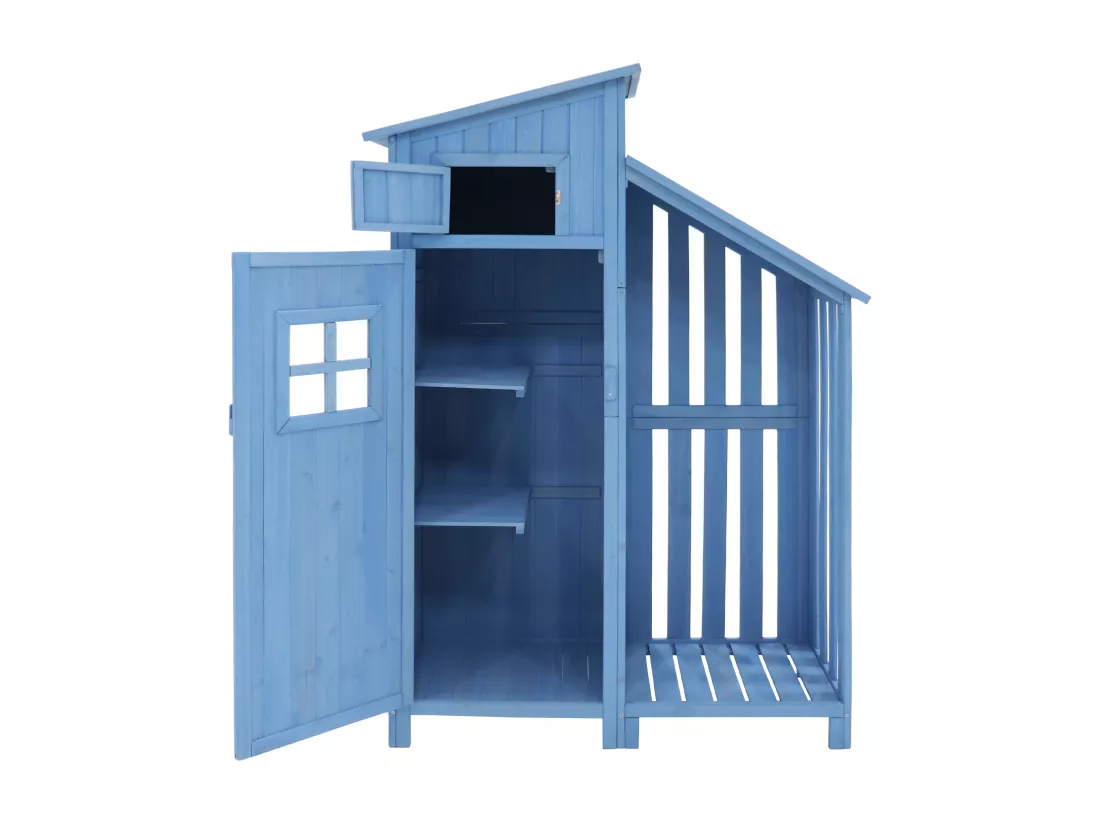 Abri de jardin en bois massif avec toit pente en PVC - 2 étagères 3 portes loquets - L124 x P46 x H174 cm - Bleu