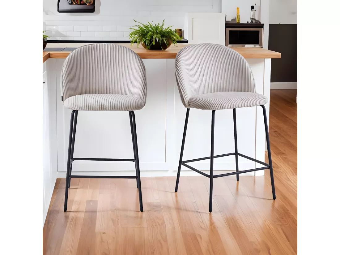 Lot de 2 tabourets de bar en velours côtelé beige, piètement noir - Alta