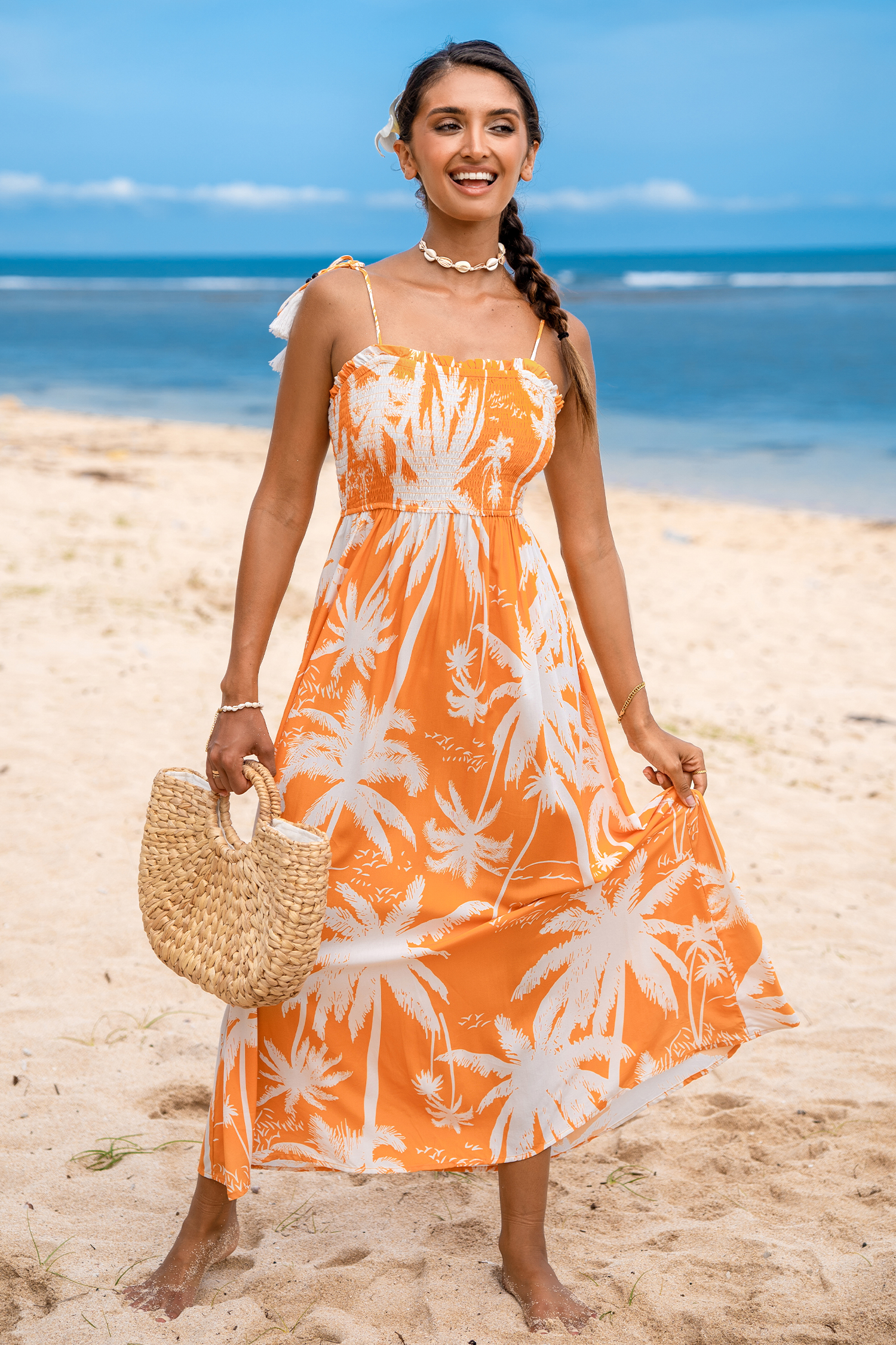 Robe maxi à col carré tropicale orange