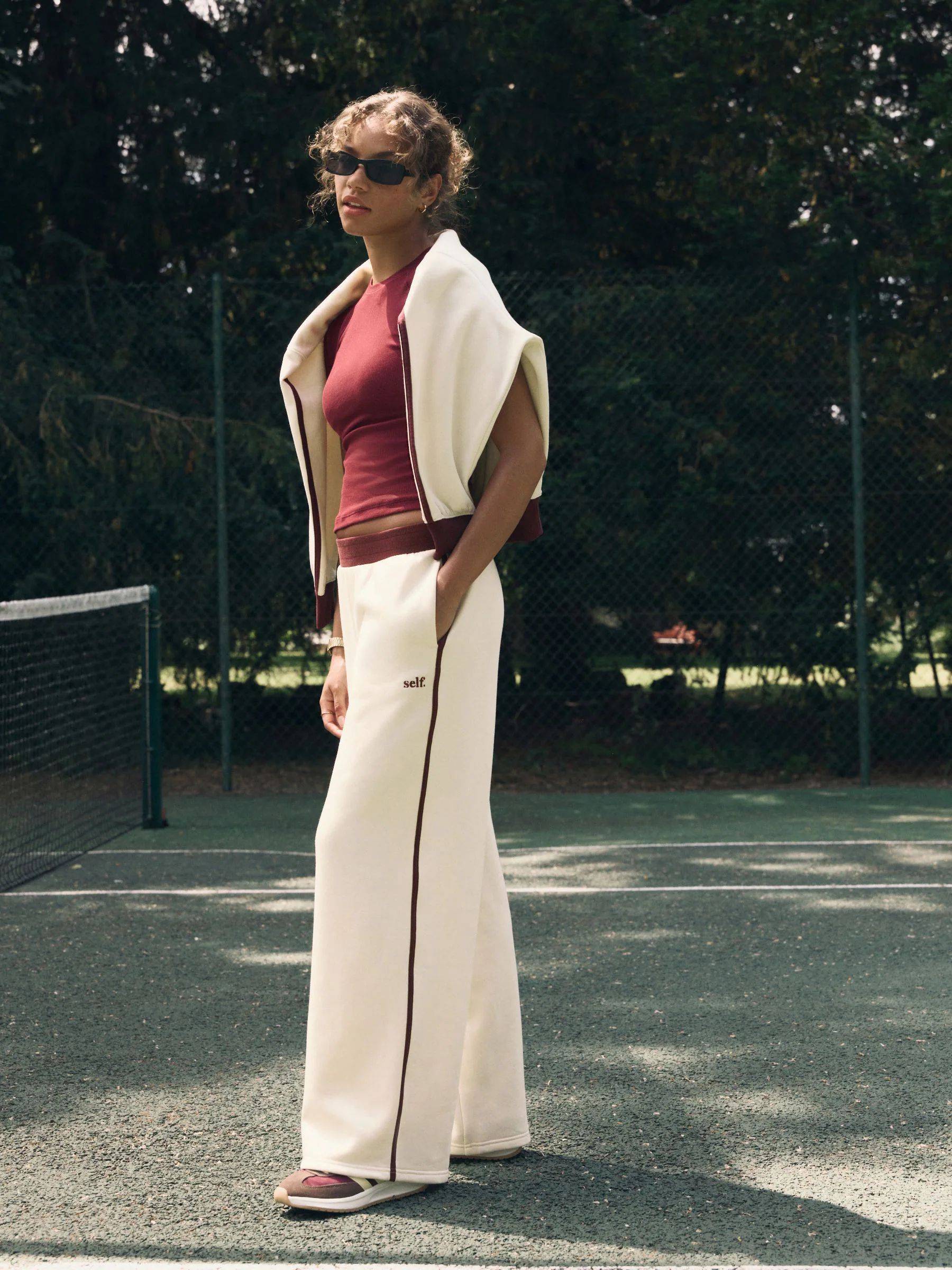 Ecru/Berry Colourblock - Joggingbroek met wijde pijpen