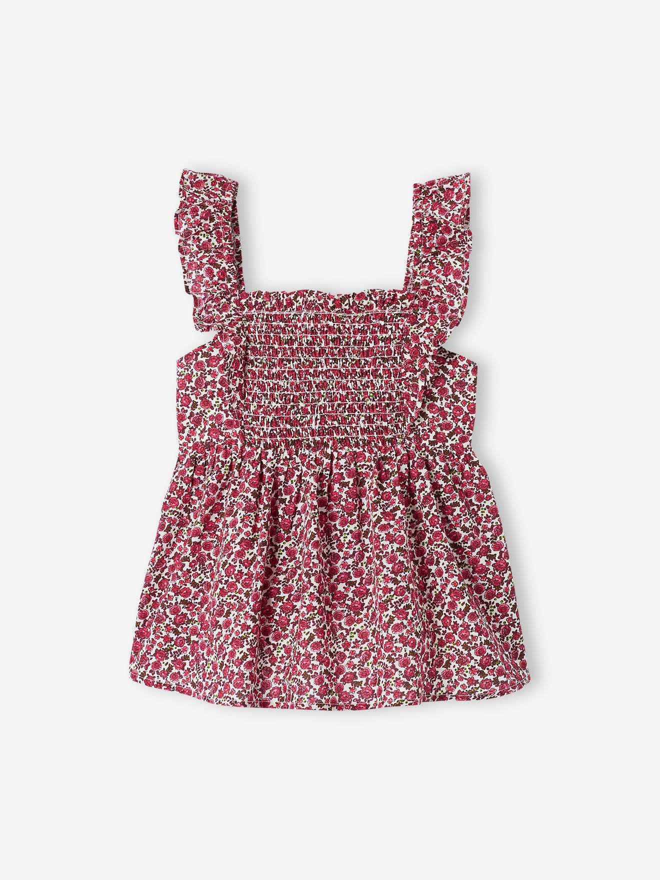Blusa rosa peônia com alças franzidas e babados para meninas