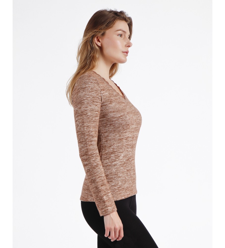 Camiseta Admas Warm de manga comprida com detalhes em renda bege