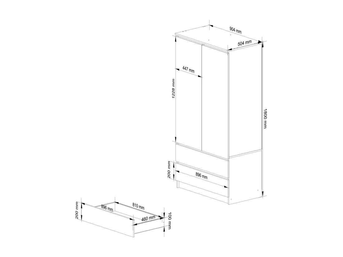 Armoire AKORD S90 avec miroir Blanche 90 cm 2 portes 2 tiroirs façade Blanche 4 étagères 90x51x180 cm