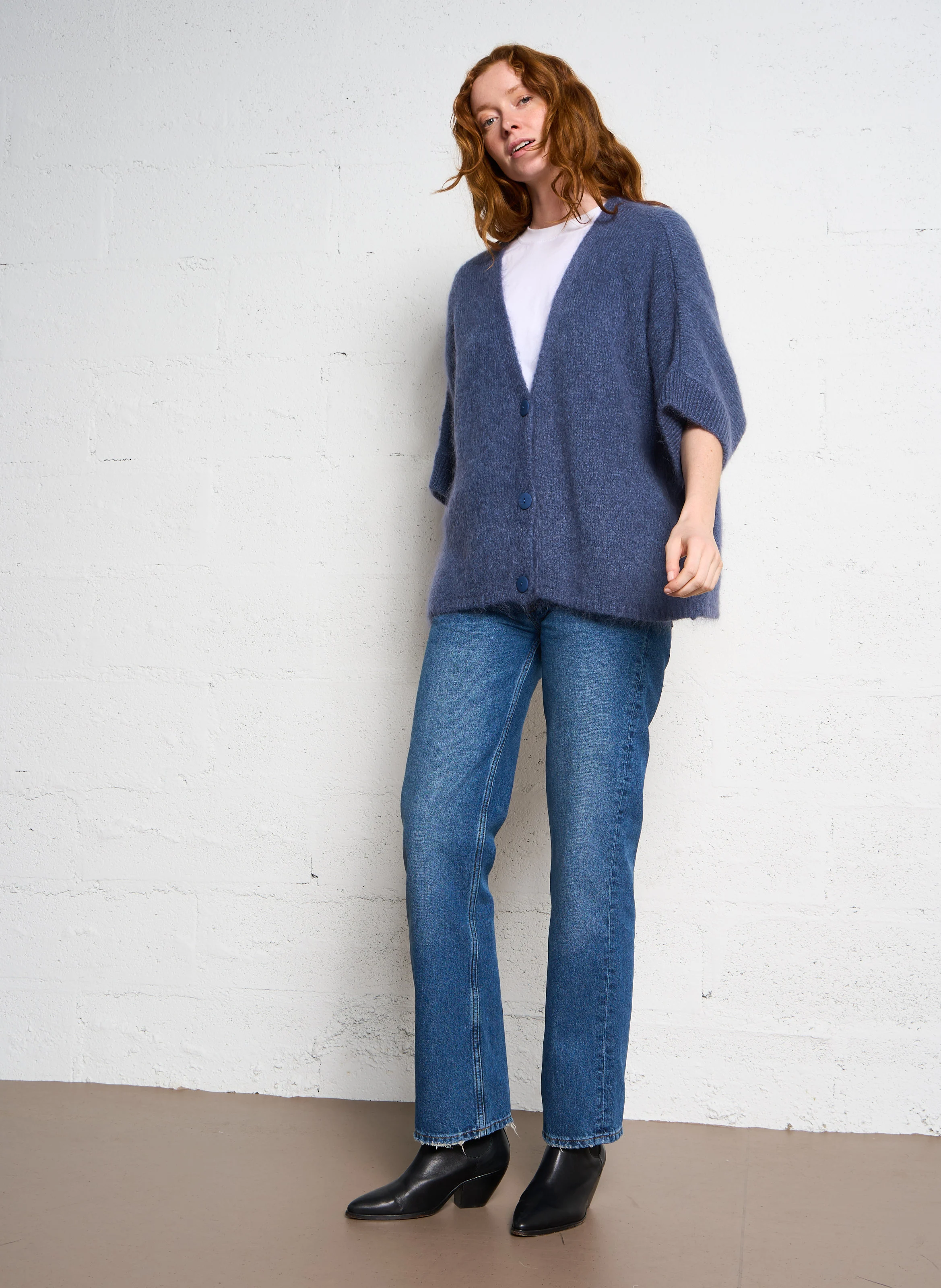 Gilet à col V ample en maille mélangée | Bleu