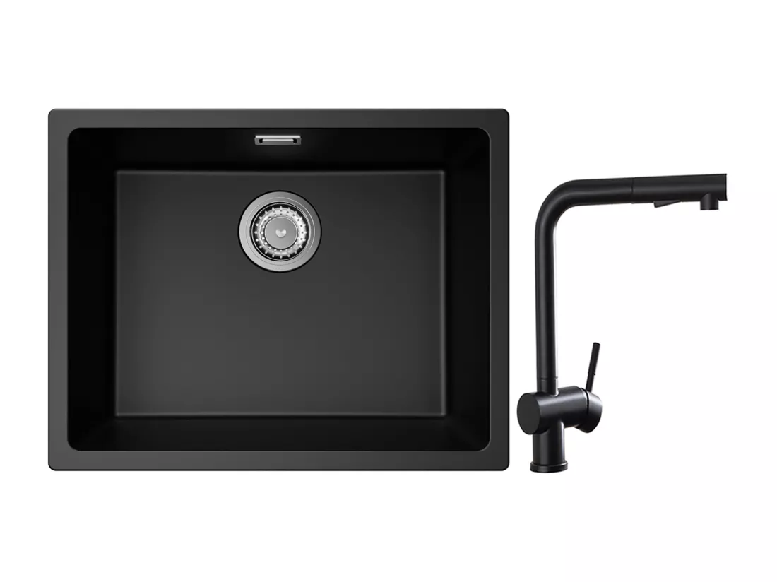 CECIPA MAX Evier 1 Bac en Quartz et Résine Noir Gris 55*44*20cm + Robinet Cuisine avec Douchette Extractible, Mitigeur d'évier Noir