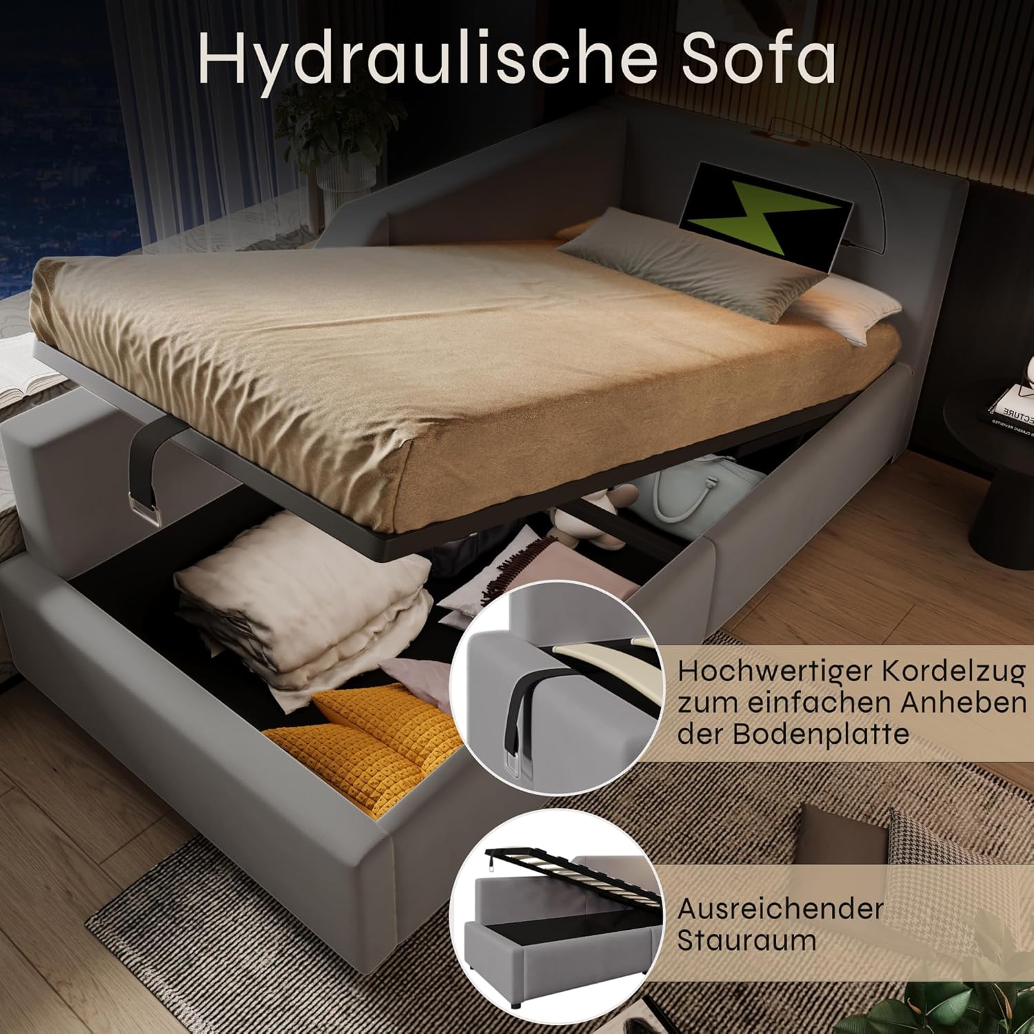 Polsterbett Tagesbett Daybett 90x190cm, Schlafsofa mit hydraulischem Stauraum, Leselichtfunktion und USB-C-Ladefunktion, Jugendbett Bettgestell, Samt (Grau, 90×190cm)