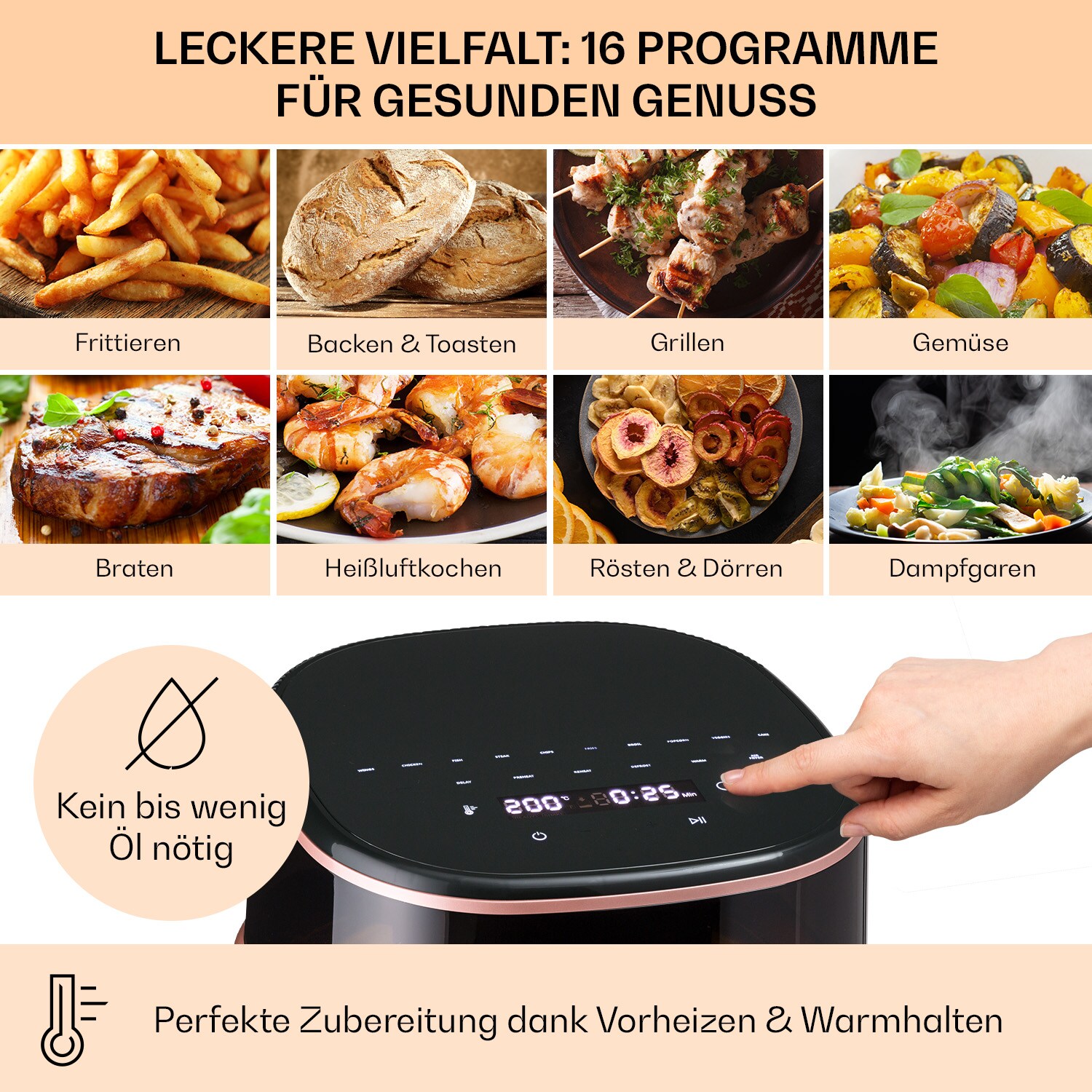 Air Bloom Heißluftfritteuse Dampffunktion 1500W 7,5 Liter 16 Programme