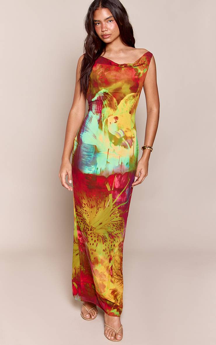 Multicolore Robe Longue Imprimée Florale Abstraite En Mousseline Avec Détail De Perles Et Dos Ouvert
