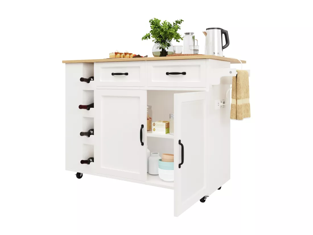 Ilot central de cuisine mobile avec 2 portes, 2 tiroirs et 4 Porte-Bouteilles - Plateau extensible - 131.5x43(76)x90.7cm - MDF - Blanc et naturel