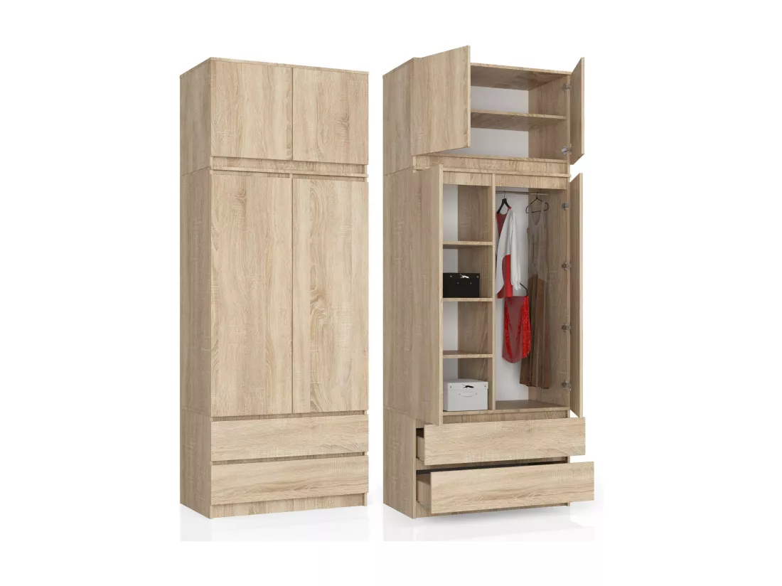 Armoire avec surmeuble AKORD S90 Chêne Sonoma 90 cm 2 portes 2 tiroirs façade Chêne Sonoma 6 étagères 90x51x234 cm