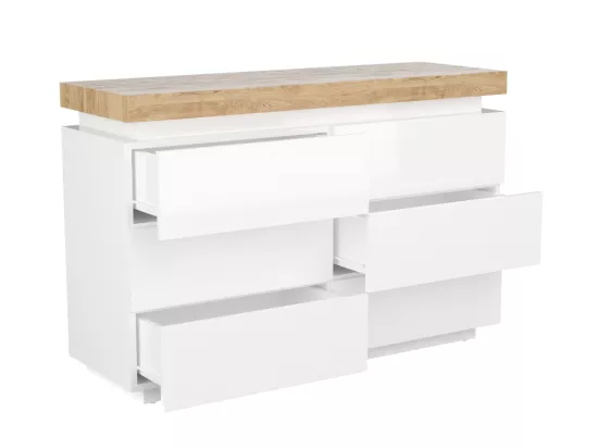 Commode HALO II - 6 tiroirs - MDF laqué - Avec LEDs - Coloris : Blanc et Chêne