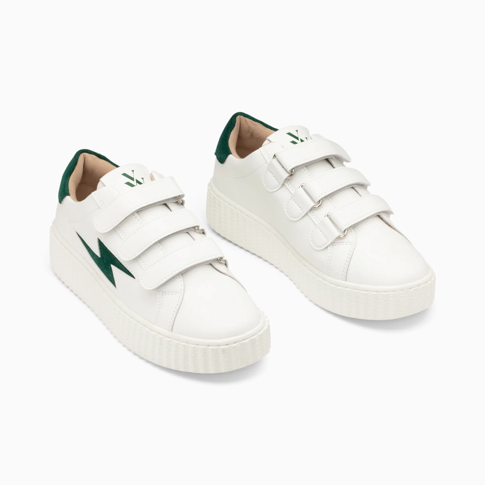 Sneakers-Baskets éclair Vicky blanc et vert sapin à scratchs
