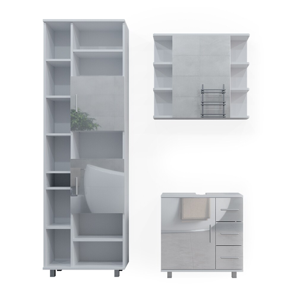 Vicco Badmöbelset Ilias Weiß Hochglanz modern Badezimmer Schrank Badschrank Waschtischunterschrank Spiegelschrank Hochschrank Schranktür Schrankschublade Schrankfach Ablage Aufbewahrung