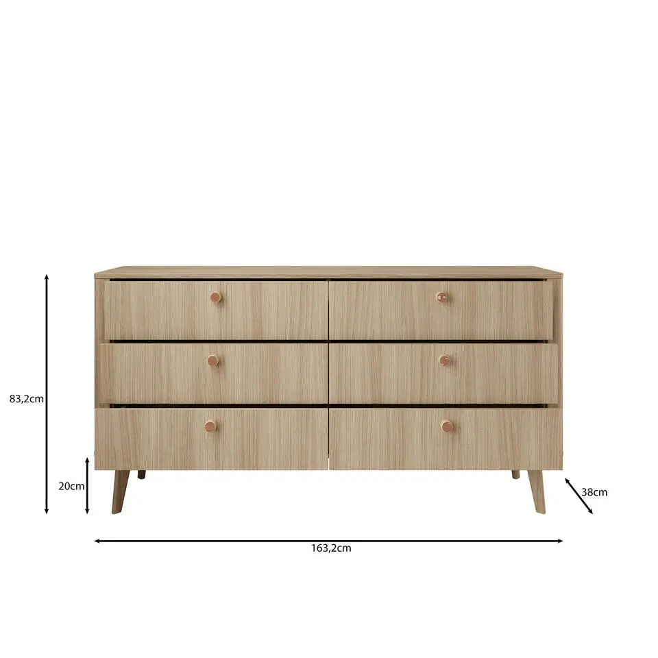 Meubella - Voorne - Ladekast met 6 lades - Eiken - 163x38x83 cm