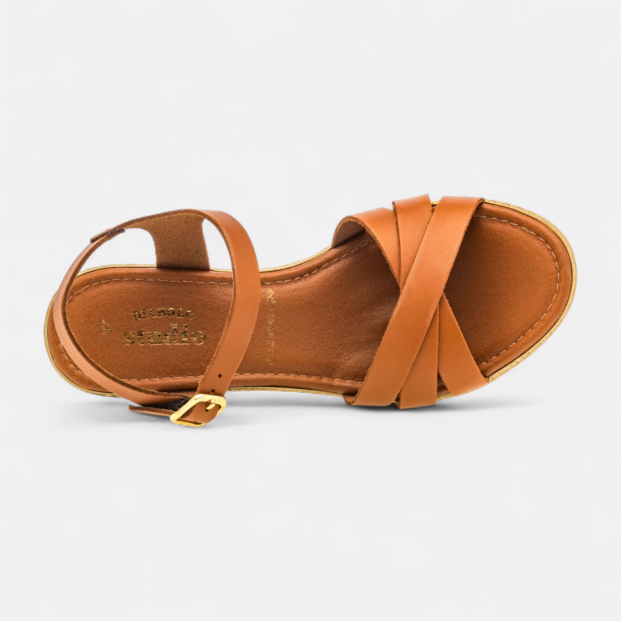 Nu-pieds à talon compensé Femme en cuir cognac