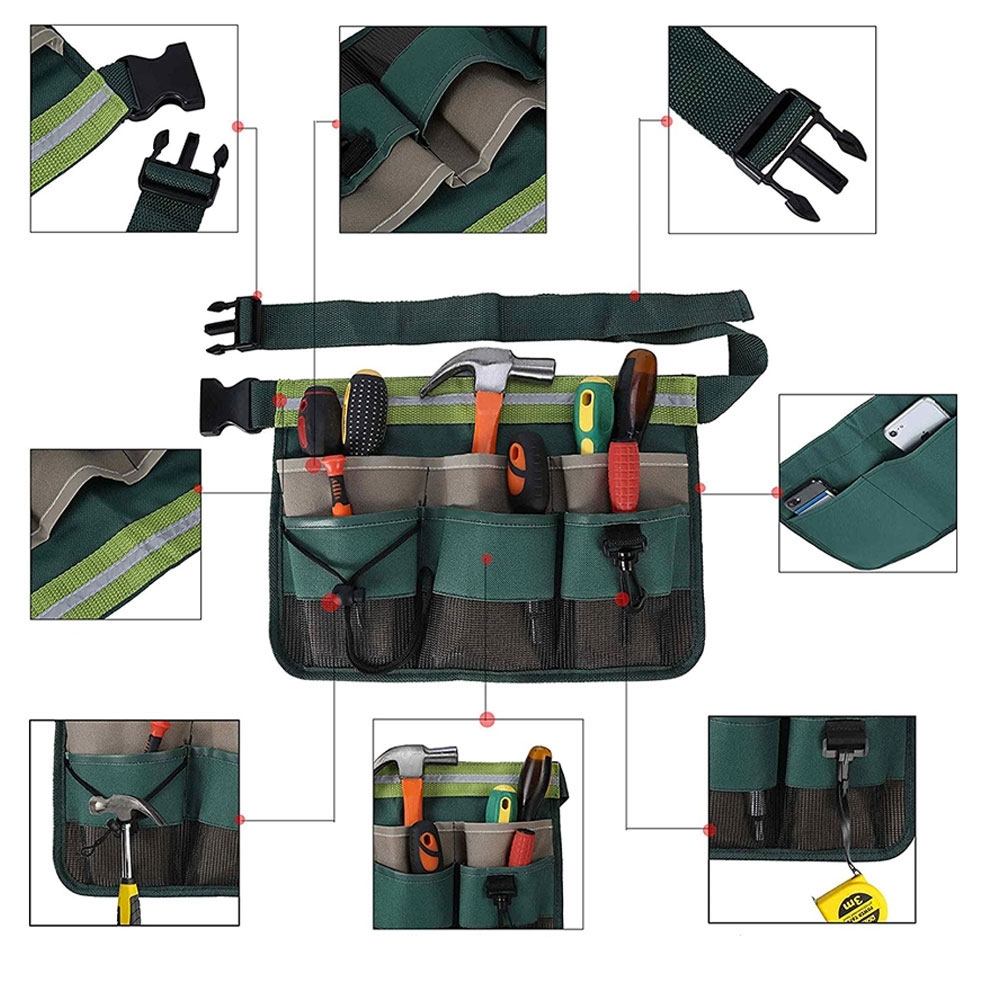 (34x24cm) Werkzeug Gürtel Montagetasche Bauchtasche Grössenverstellbar 8 Fächer   Karabinerhaken - Grün