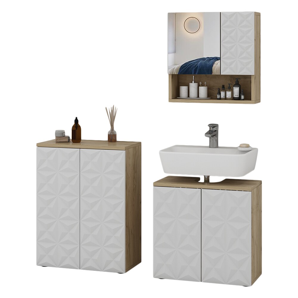 Vicco Badmöbel-Set Badezimmer-Möbel Bad-Schrank Edge Eiche Weiß modern Badezimmerschrank Waschbeckenunterschrank Spiegelschrank Badezimmerkommode