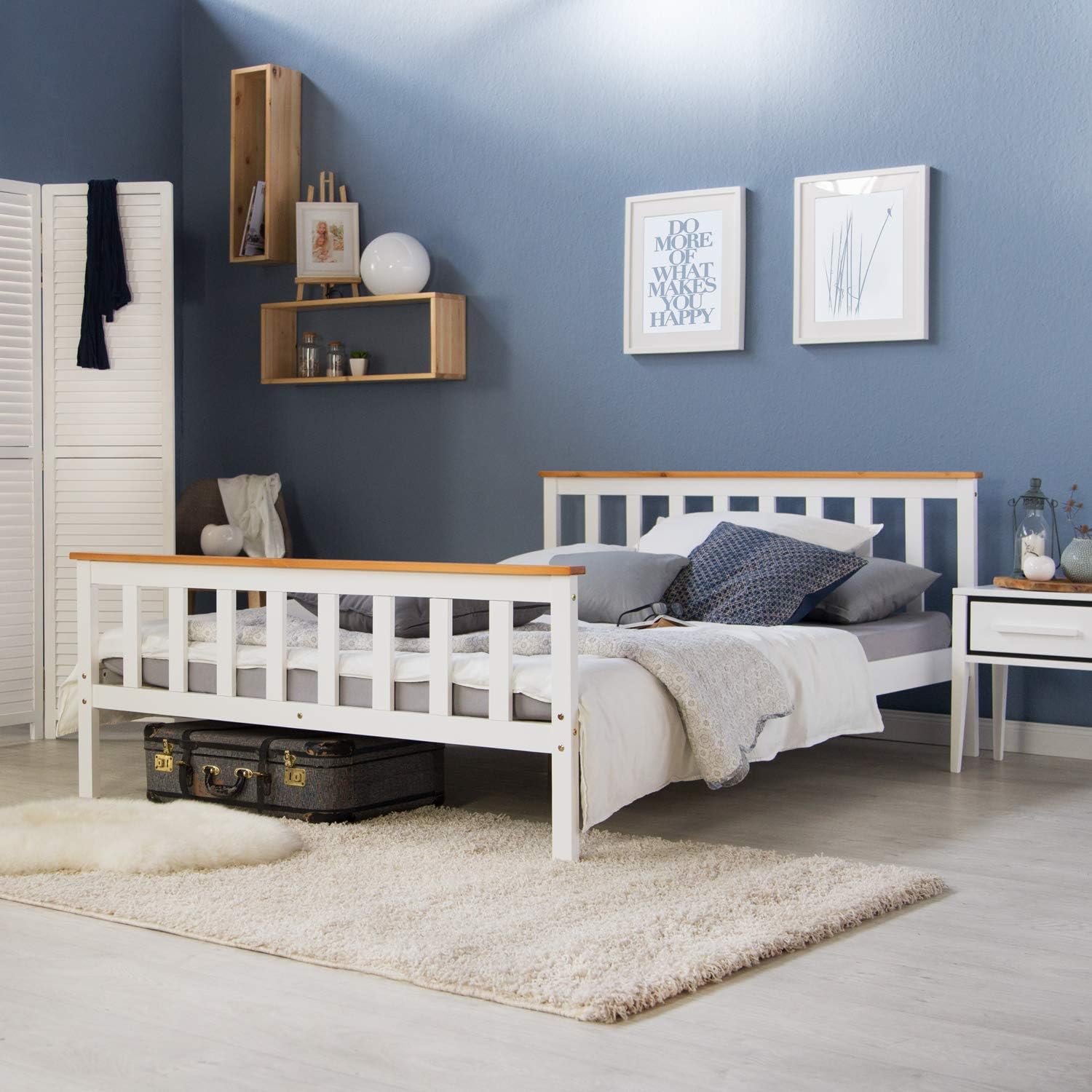 Homestyle4u 1843, Holzbett 140x200 mit Lattenrost, Doppelbett Bett Weiß, Kiefer Massivholz