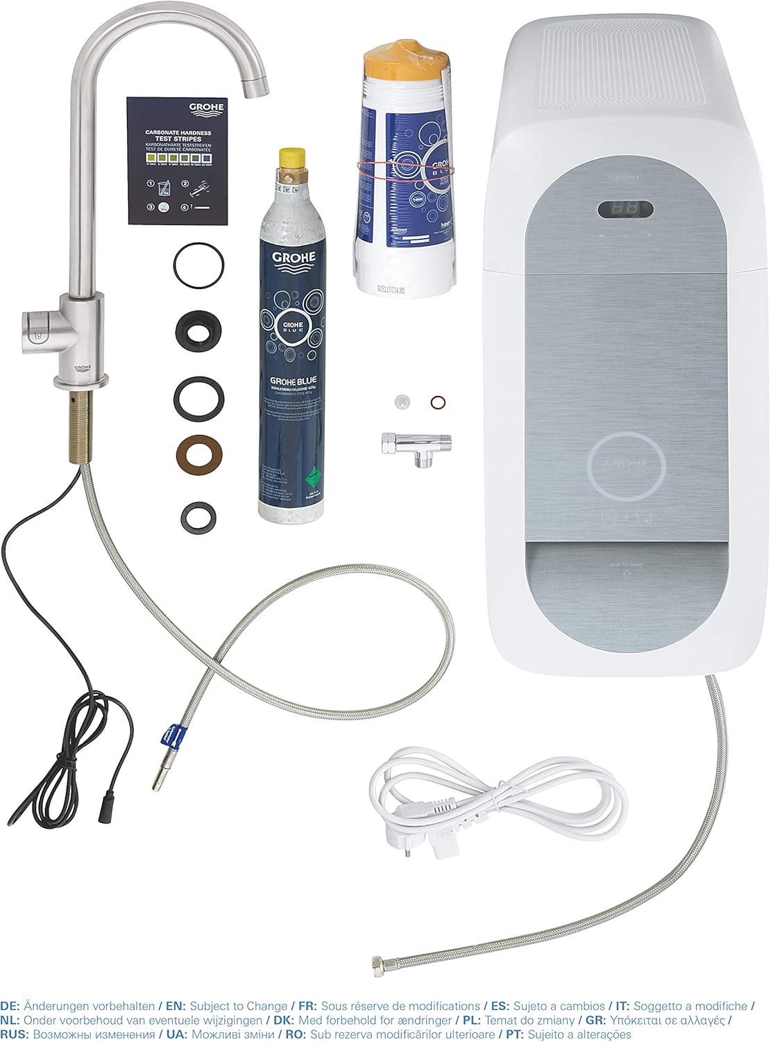 GROHE Blue Home Mono- Starter Kit (Mono Armatur mit Filterfunktion, 3 gefilterte und gekühlte Wasserarten, Filterkopf mit flexibler Wasserhärteeinstellung), supersteel, 31498DC1