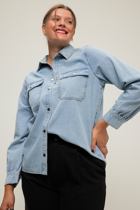 Jeanshemd, Loose Fit, Kragen mit Glitzersteinchen, Langarm