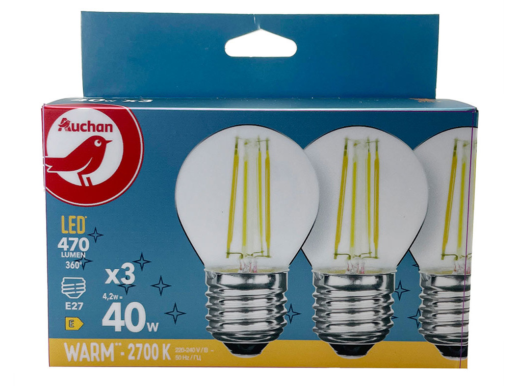 LÂMPADA LED MINI AUCHAN E27 40WEQ LUZ AMARELA 3UN