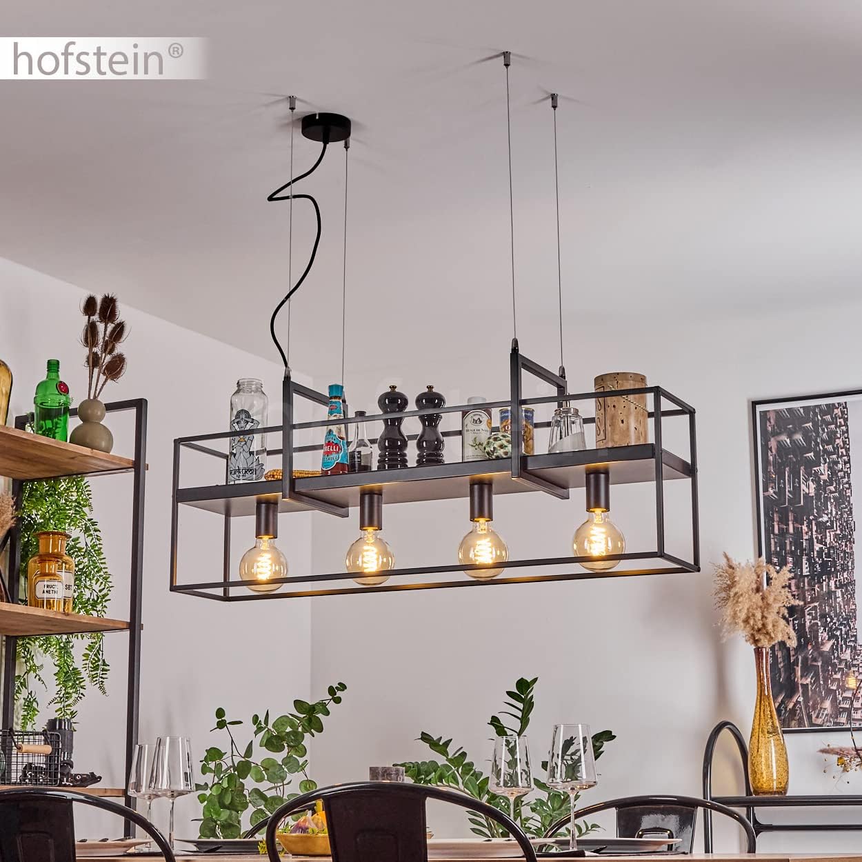 Pendelleuchte Victorine, moderne Hängelampe aus Metall in Schwarz, Hängeleuchte m. Schirm in Gitter-Optik als Ablagefläche, ideal über dem Esstisch, Höhe max. 145 cm, 4-flammig, E27, ohne Leuchtmittel