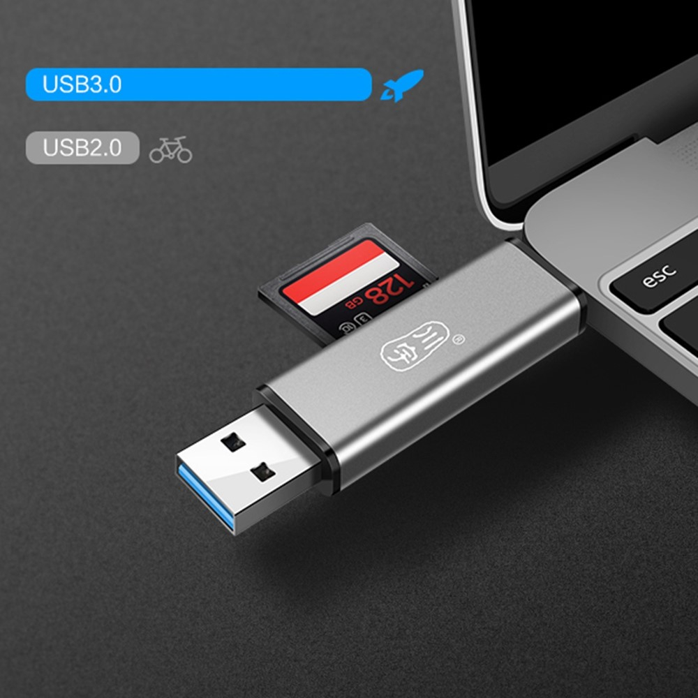 2in1 USB C / USB 3.0 Alu Kartenlesegerät Card Reader für SD und Micro SD Speicherkarten   Aufbewahrungsbox - Grau