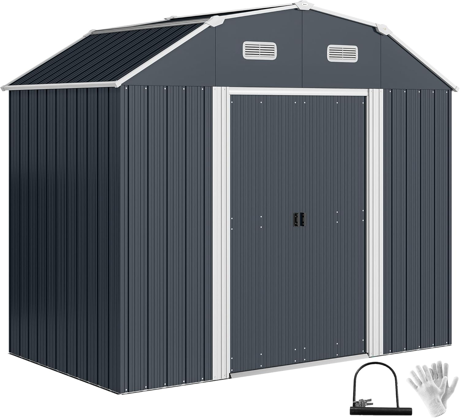 Outsunny Gerätehaus aus Stahl, 2,7 m² Geräteschuppen mit Regal, Schloss, UV-Schutz, Gartenschuppen mit 2 Schiebetüren Fundament, 238 x 132 x 198,5 cm, Dunkelgrau