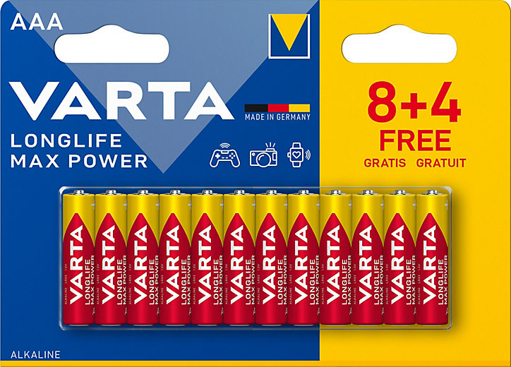 Pile alcaline AAA (LR03) Varta Max tech, lot de 8 + 4 gratuites